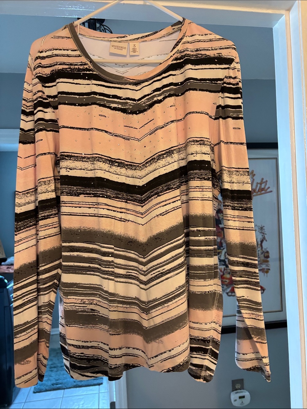 Chico's Pink, Gray & Black Striped Long-Sleeve Top